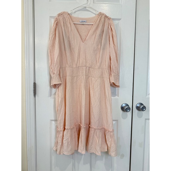 Calvin Klein Pink‎ Long Sleeve V Neck Midi Dress Ruffle Hem Casual - Picture 1 of 5